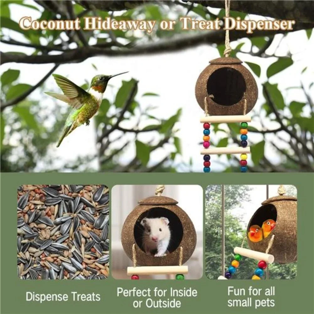 Hanging Coconut Bird House with Ladder,Natural Coconut Fiber Shell Bird Nest